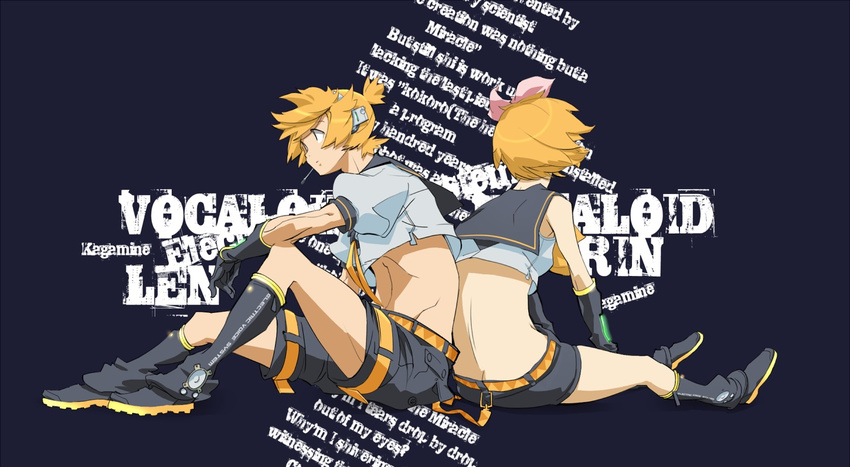 1girl back back-to-back blonde_hair brother_and_sister kagamine_len kagamine_rin nansui_kinoko short_hair shorts siblings sitting twins vocaloid