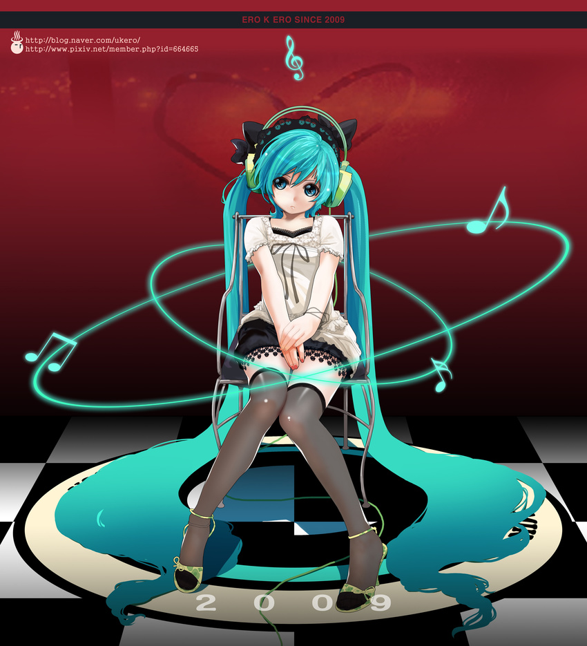 absurdres feet fingernails green_hair hands hatsune_miku headphones highres legs lips long_hair sitting skirt solo thighhighs twintails ukero very_long_hair vocaloid