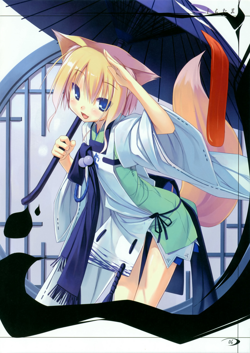 absurdres animal_ears blonde_hair blue_eyes fox_ears fox_tail highres japanese_clothes karakasa_obake kuroino_(poco) original poco_(asahi_age) salute scan shiratama_kitsune solo tail thigh_gap tongue umbrella