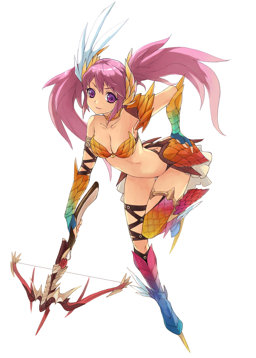 armor bad_id bad_pixiv_id bent_over bow_(weapon) breasts cleavage crossbow hand_on_hip highres large_breasts long_hair original penguin_caee pink_eyes pink_hair simple_background smile solo twintails weapon