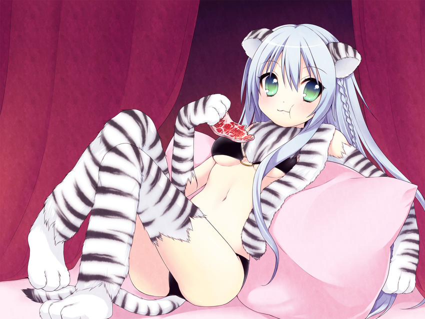 :3 :t animal_ears animal_print aqua_eyes braid eating food highres long_hair meat original paws silver_hair solo tail thighhighs tiger_ears tiger_print tiger_tail usashiro_mani