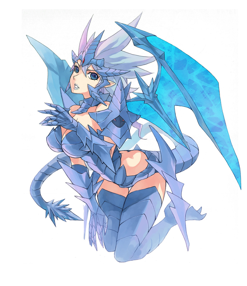 armor bad_id bad_pixiv_id blue_eyes blue_hair breasts cleavage copyright_request highres kneeling medium_breasts penguin_caee short_hair solo tail wings