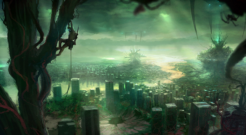 blurry bug building city cityscape climbing cloud cloudy_sky depth_of_field forest gary_tonge gun in_tree landscape light_rays nature original overgrown plant post-apocalypse rifle river rope ruins scenery science_fiction sky solo spider sunbeam sunlight tree wallpaper weapon
