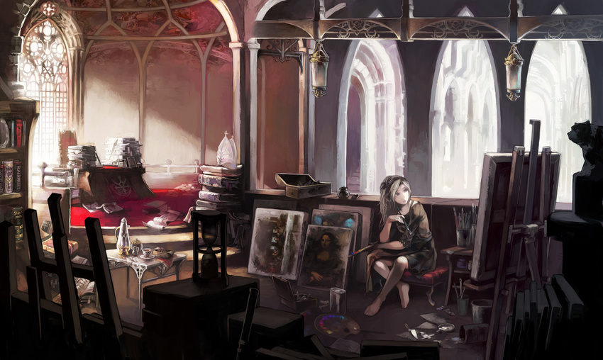 aoin arch architecture art_brush barefoot blonde_hair blue_eyes book canvas_(object) church easel fine_art_parody gothic_architecture hourglass indoors mona_lisa oekaki_musume original paint paintbrush painting palette parody sitting solo sunlight the_last_supper window