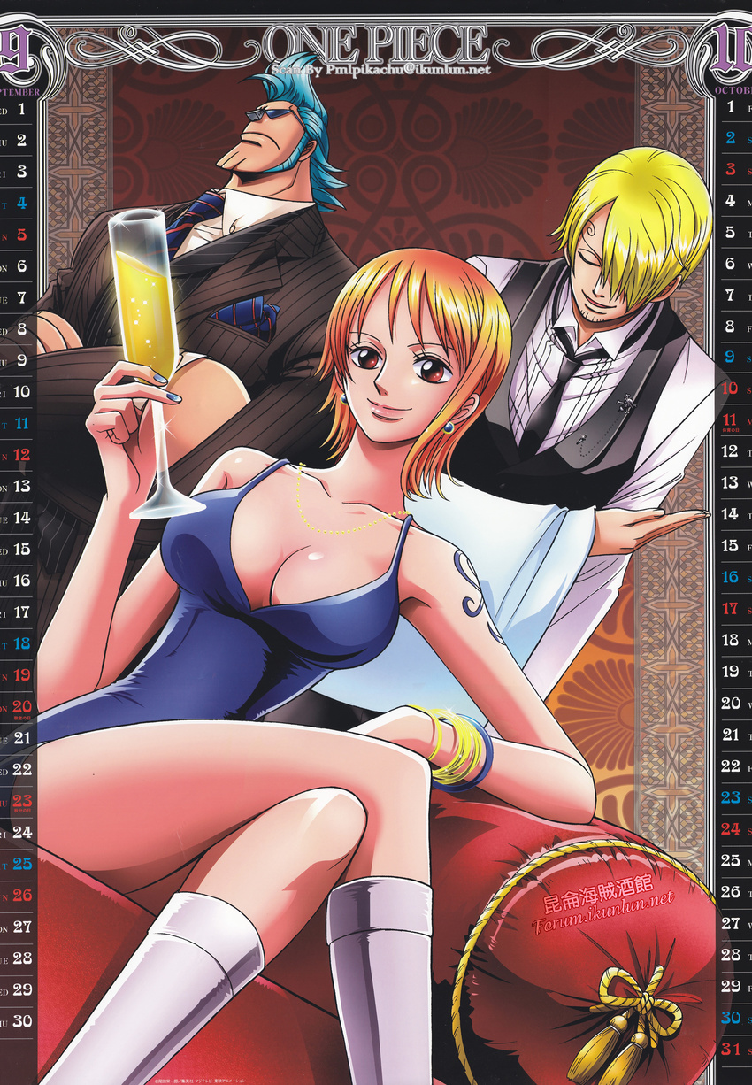 absurdres alcohol blonde_hair blue_hair calendar champagne dress earrings formal franky highres inoue_eisaku jewelry nami nami_(one_piece) necktie official_art one_piece orange_hair sanji scan suit waiter watermark