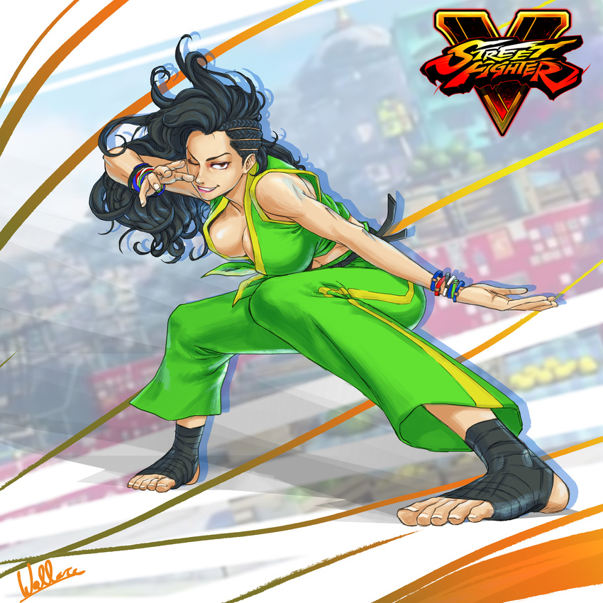 ankle_wrap asymmetrical_hair barefoot black_hair bracelet breasts brown_eyes capri_pants commentary cornrows crop_top feet fighting_stance grin highres jewelry large_breasts laura_matsuda long_hair midriff no_shoes one_eye_closed pants shirt signature smile solo street_fighter street_fighter_v tape tied_shirt toeless_legwear toes wallace_pires wavy_hair