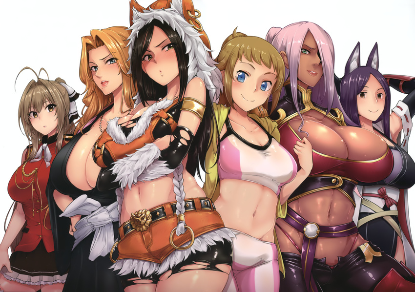 6+girls absurdres amagi_brilliant_park animal_ears animal_hood arm_up bare_shoulders bike_shorts black_hair bleach blonde_hair blue_eyes blush breast_hold breasts brown_eyes brown_hair cat_ears cleavage crossed_arms crossover dark_skin detached_sleeves dragonaut garnet_mclane green_eyes gundam gundam_build_fighters gundam_build_fighters_try hair_over_one_eye hair_ribbon haori highres hood hoshino_fumina huge_breasts idolmaster idolmaster_cinderella_girls japanese_clothes large_breasts lineup log_horizon long_hair looking_at_viewer matsumoto_rangiku midriff mole mukai_takumi multiple_crossover multiple_girls navel nazuna_(log_horizon) open_mouth parted_lips pink_hair ponytail purple_hair ribbon sento_isuzu sian skirt smile sports_bra standing torn_clothes