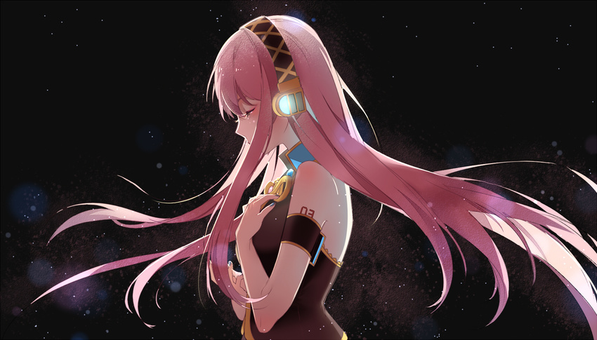bare_shoulders black_background blue_nails commentary_request crying glowing hand_on_own_chest headphones highres long_hair megurine_luka nail_polish number pink_hair profile samfree_("night"_songs) sano_takayuki_(samfree) satonishi solo tears upper_body very_long_hair vocaloid