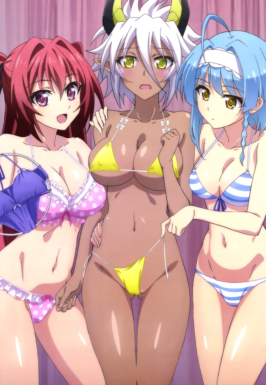 absurdres ahoge ass_visible_through_thighs bikini blue_hair blush braid breasts cleavage covered_nipples dark_skin frilled_bikini frills front-tie_top hairband happy highres horns large_breasts long_hair medium_breasts mirror multiple_girls naruse_mio navel nonaka_yuki nyantype official_art polka_dot polka_dot_bikini polka_dot_swimsuit red_hair shinmai_maou_no_testament shiny shiny_skin short_hair side-tie_bikini smile striped striped_bikini swimsuit thigh_gap untied untied_bikini untying white_hair yellow_eyes zest