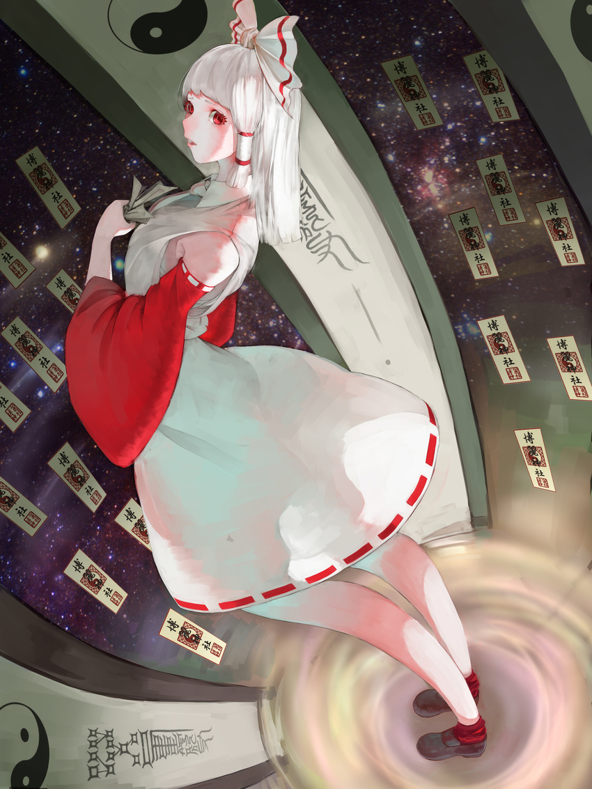 absurdres albino alternate_costume ascot bad_anatomy bow breasts brown_footwear commentary_request detached_sleeves error future hair_bow hair_tubes hakurei_reimu highres holding holding_paper kotton legs long_hair looking_to_the_side medium_breasts open_mouth pale_skin paper red_eyes red_legwear red_pupils reflective_eyes ribbon-trimmed_skirt ribbon-trimmed_sleeves ribbon_trim sarashi scroll shoes shooting_star skirt solo space standing talisman teeth tongue touhou white_hair white_skin white_skirt wide_sleeves yin_yang