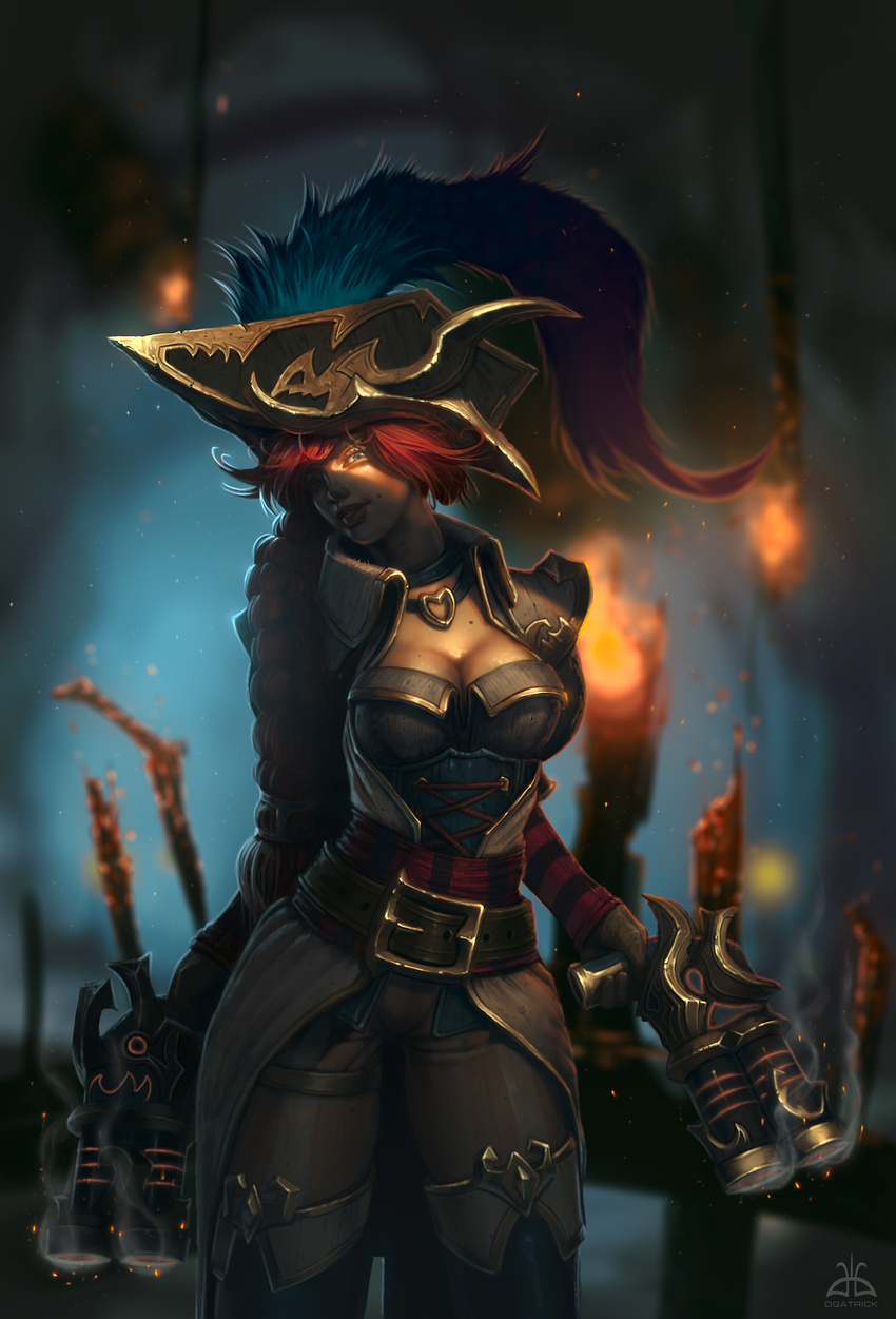 belt braid breasts cleavage corset dgatrick dual_wielding fire gun heart heart_necklace league_of_legends looking_at_viewer mole mole_on_breast mole_under_mouth pirate_hat red_hair sarah_fortune shadow smile smoking_gun solo weapon