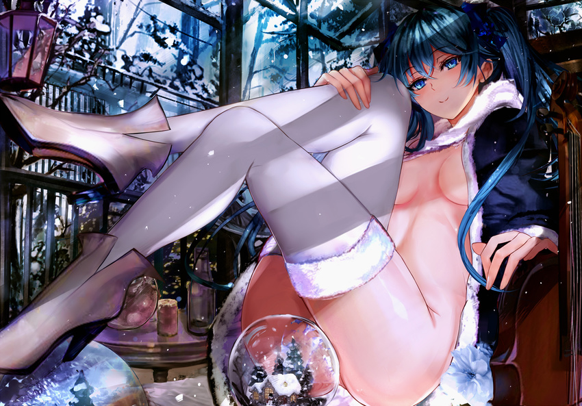 blue_eyes blue_hair breasts convenient_censoring hatsune_miku high_heels legs long_hair long_legs looking_at_viewer medium_breasts misako12003 naked_coat revision sitting smile snow snow_globe solo thighhighs thighs vocaloid white_legwear