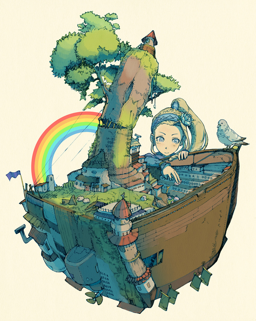 animal bird boat building door dove earrings flag flower giraffe gorilla grass hair_flower hair_ornament hairband highres jewelry leaf long_hair long_sleeves noah_(p&amp;d) pigeon ponytail puzzle_&amp;_dragons rainbow rose sheep sidelocks simple_background sleeves_past_wrists smile solo soopon tower tree watercraft white_flower white_rose window