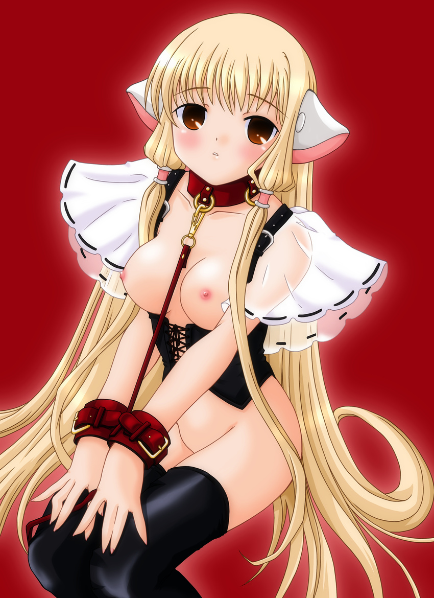 1girl absurdres bdsm blonde_hair blush bondage bound breasts chii chobits collar corset count_zero cuffs cuffs-to-collar handcuffs highres leash long_hair nipples no_panties sitting solo thighhighs