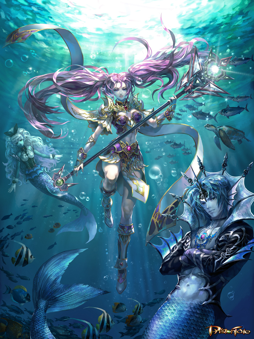2girls abs absurdres blue_hair boots breasts bubble character_request cleavage copyright_name crossed_arms fins fish gloves glowing highres horn kim_yura_(goddess_mechanic) knee_boots light md5_mismatch medium_breasts mermaid merman monster_boy monster_girl multiple_girls navel pink_hair priston_tale revision scales sea_turtle staff tail turtle twintails underbust underwater vambraces white_hair