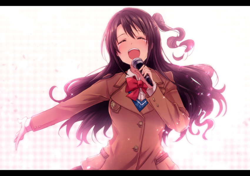 :d blazer bow brown_hair cardigan closed_eyes idolmaster idolmaster_cinderella_girls ima_(lm_ew) jacket letterboxed long_hair microphone one_side_up open_mouth s(mile)ing! school_uniform shimamura_uzuki side_bun smile solo tears