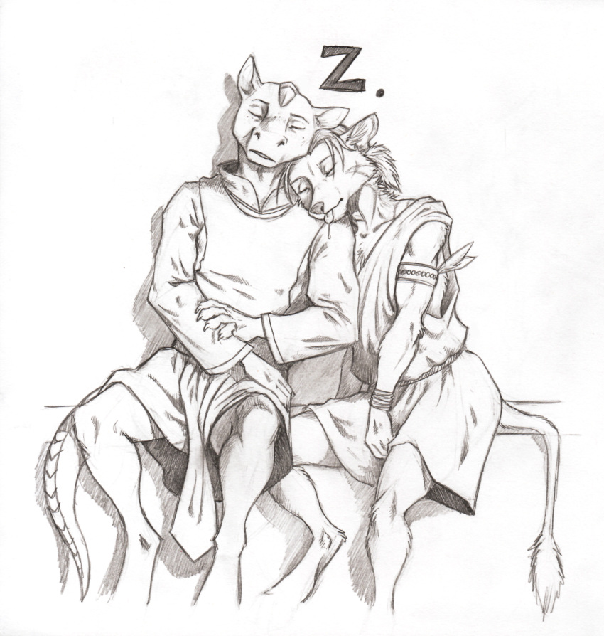 0laffson 2018 anthro canine clothed clothing duo eyes_closed lizard mammal reptile scalie sitting traditional_media_(artwork)