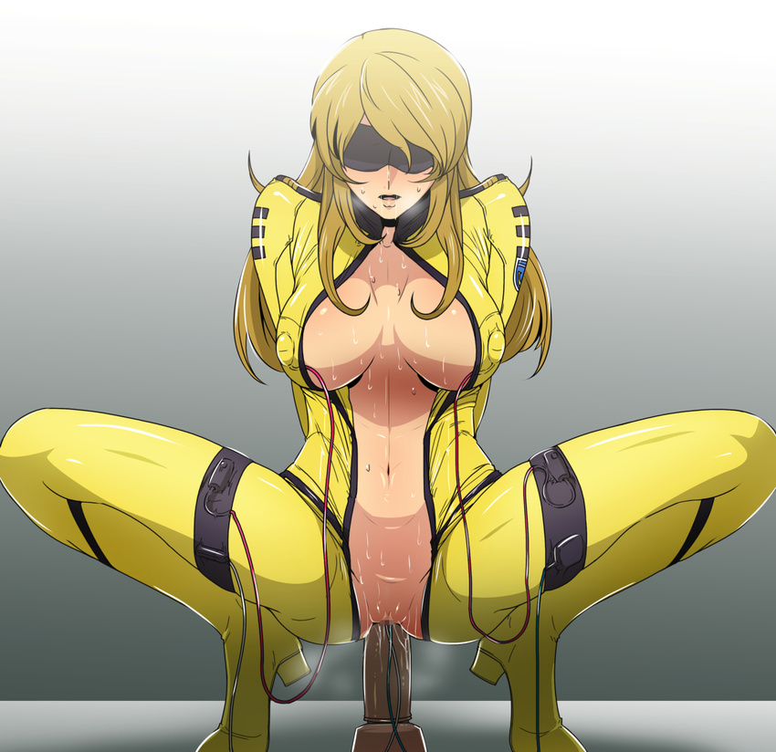 arms_behind_back bangs blindfold blush bodysuit breasts breasts_apart breath censored center_opening cleavage dildo egg_vibrator electrostimulation full_body gradient gradient_background gureko_rouman high_heels large_breasts light_brown_hair mori_yuki mosaic_censoring navel no_bra no_panties object_insertion open_mouth pussy pussy_juice pussy_juice_trail restrained revision saliva shiny shiny_clothes simple_background skin_tight solo spread_legs squatting sweat tears thigh_strap tiptoes uchuu_senkan_yamato uchuu_senkan_yamato_2199 uniform vaginal vaginal_object_insertion vaginal_object_push vibrator vibrator_on_nipple yellow_bodysuit