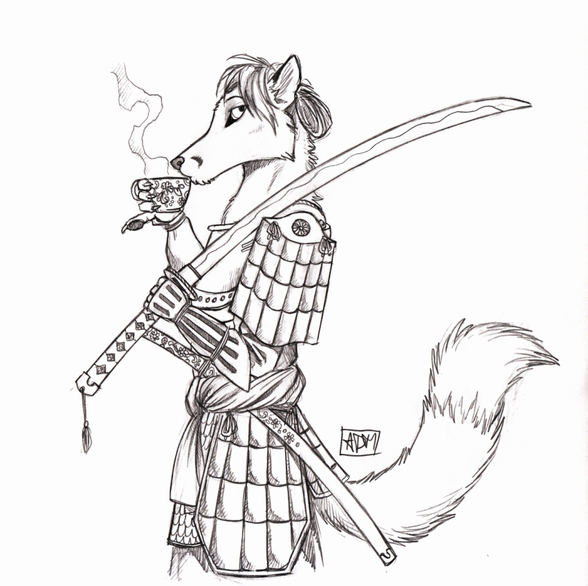 0laffson 2018 anthro black_nose canine clothed clothing fox fur hair holding_object holding_weapon male mammal melee_weapon simple_background sword traditional_media_(artwork) weapon white_background