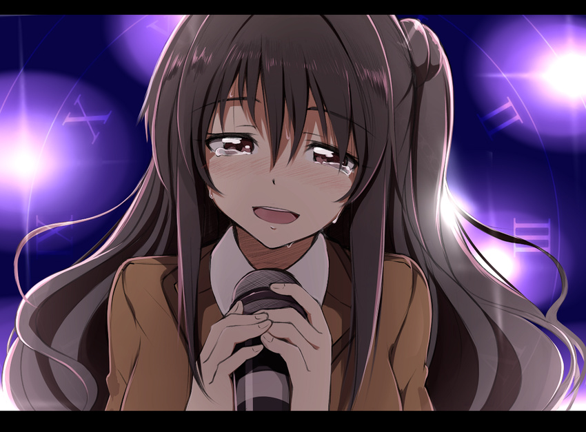 brown_eyes brown_hair highres idolmaster idolmaster_cinderella_girls kazenoko letterboxed long_hair microphone one_side_up open_mouth portrait s(mile)ing! school_uniform shimamura_uzuki smile solo tears