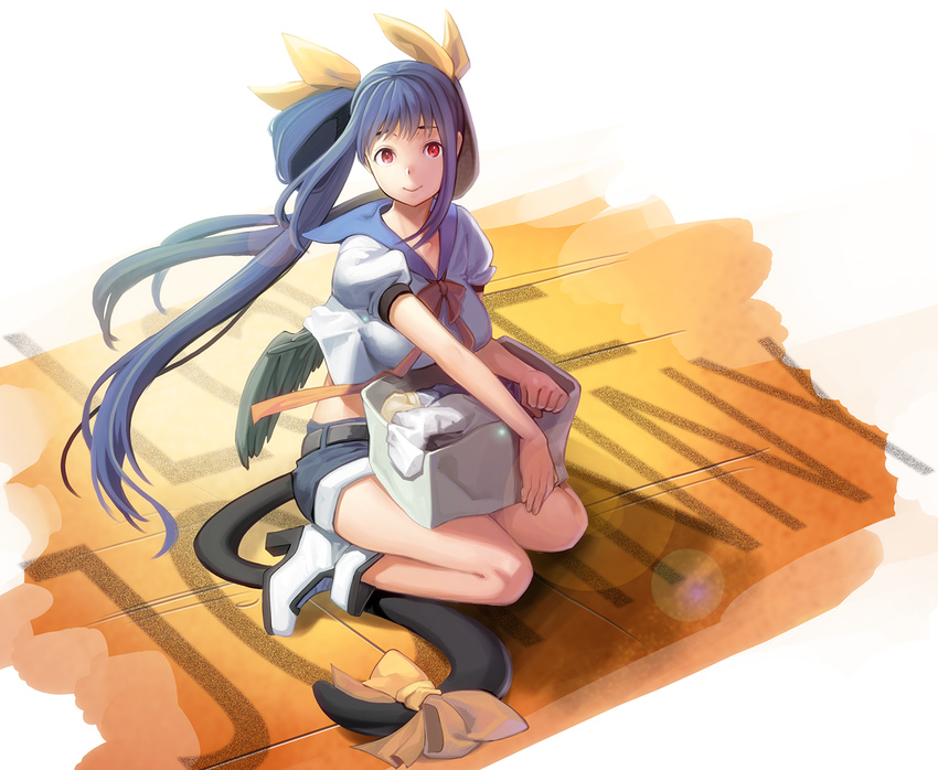 blue_hair blue_sailor_collar boots box breasts dizzy guilty_gear long_hair looking_at_viewer medium_breasts midriff navel ookami_ryousuke red_eyes sailor_collar shorts sitting smile solo tail wariza wings