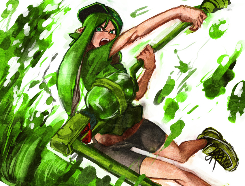 angry bike_shorts ceramic_man commentary_request domino_mask fangs green_eyes green_hair green_shirt holding inkling jumping long_hair looking_at_viewer mask open_mouth oversized_object paint_roller paint_splatter pointy_ears shirt shoes short_sleeves sneakers solo splat_roller_(splatoon) splatoon_(series) splatoon_1 t-shirt tentacle_hair