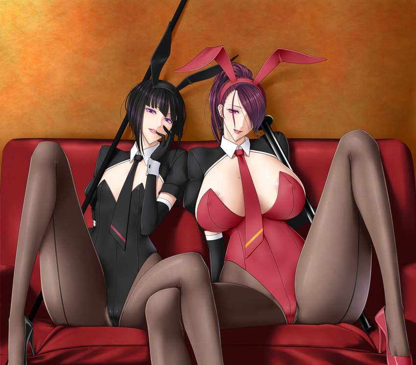 absurdres animal_ears baru_(val-val) black_hair breasts bunny_ears bunnysuit elbow_gloves flat_chest gigantic_breasts gloves highres long_hair looking_at_viewer mole mole_on_breast multiple_girls necktie original pantyhose ponytail purple_eyes purple_hair smile spread_legs wrist_cuffs