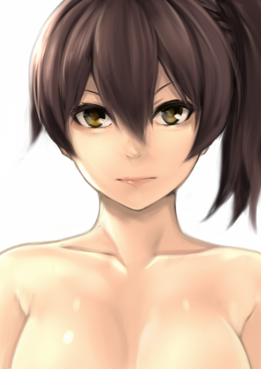 breasts brown_eyes brown_hair collarbone face highres kaga_(kantai_collection) kantai_collection large_breasts nude portrait side_ponytail solo yashichii