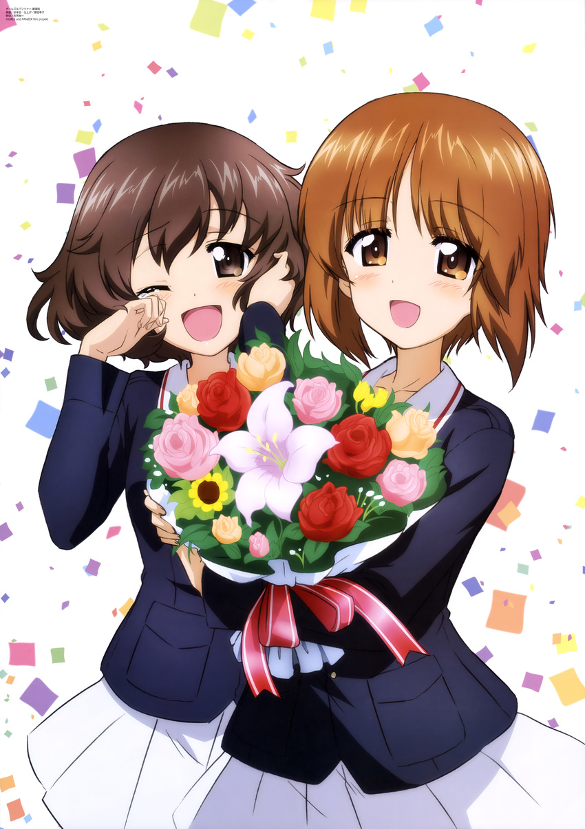 :d ;d absurdres adjusting_hair akiyama_yukari blush bouquet brown_eyes brown_hair confetti flower girls_und_panzer highres holding jacket military military_uniform miniskirt multiple_girls nishizumi_miho official_art one_eye_closed ooarai_military_uniform open_mouth pleated_skirt short_hair skirt smile sugimoto_isao tearing_up tears uniform white_skirt wiping_tears