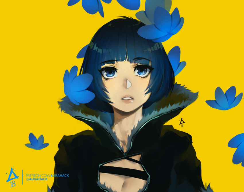 1girl bangs blue_eyes blue_flower blue_hair breasts cleavage cleavage_cutout collared_jacket erica_june_lahaie eyebrows_visible_through_hair flower original parted_lips short_hair signature solo upper_body watermark web_address yellow_background