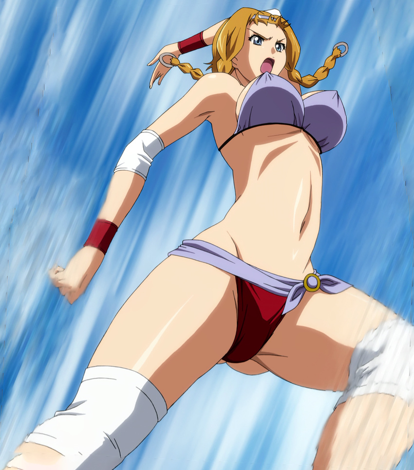 1girl bikini blonde_hair blue_eyes bra breasts erect_nipples female highres large_breasts leina open_mouth panties queen's_blade queen's_blade solo stitched swimsuit underwear
