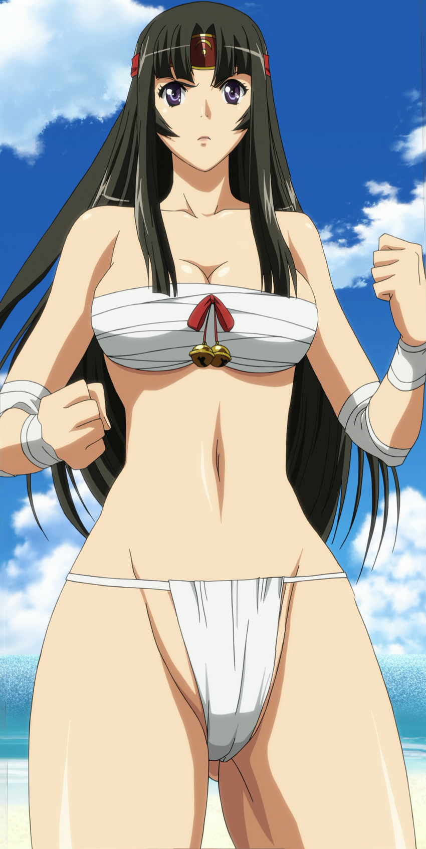 1girl angry bandage bell black_hair breasts female fundoshi highres large_breasts long_hair purple_eyes queen's_blade queen's_blade sky solo standing stitched summer tomoe