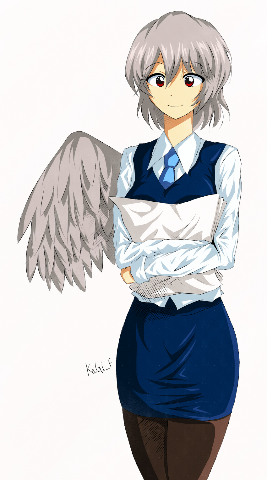 absurdres alternate_costume artist_name blue_neckwear blue_skirt breasts collared_shirt cowboy_shot error grey_hair grey_wings highres holding holding_paper kagi_f kishin_sagume long_sleeves medium_breasts miniskirt necktie office_lady pantyhose paper red_eyes shirt short_hair simple_background single_wing skirt smile solo touhou vest wings