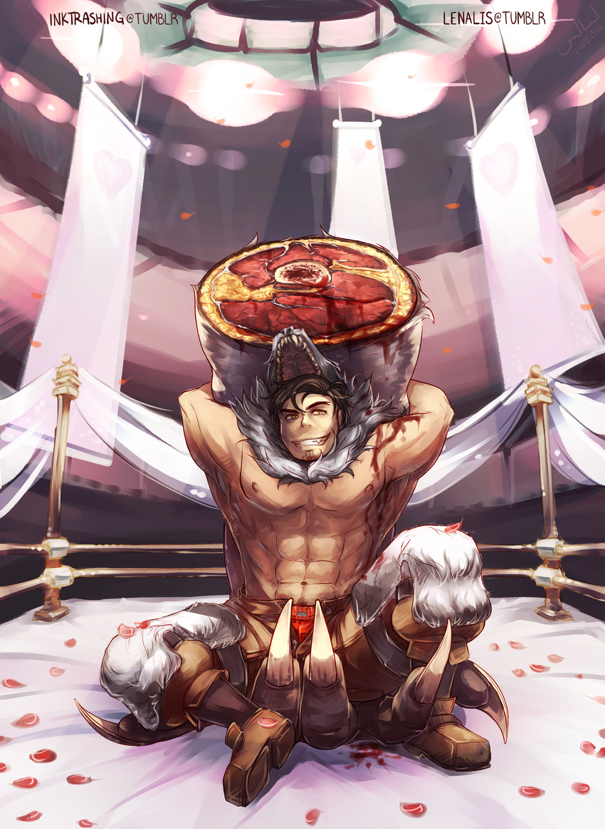abs absurdres artist_name beowulf_(skullgirls) black_hair blood boxing_ring claws fang grin highres lenalis male_focus miru_(inktrashing) muscle orange_eyes oversized_limbs petals severed_arm severed_limb shirtless skullgirls smile solo unbuttoned