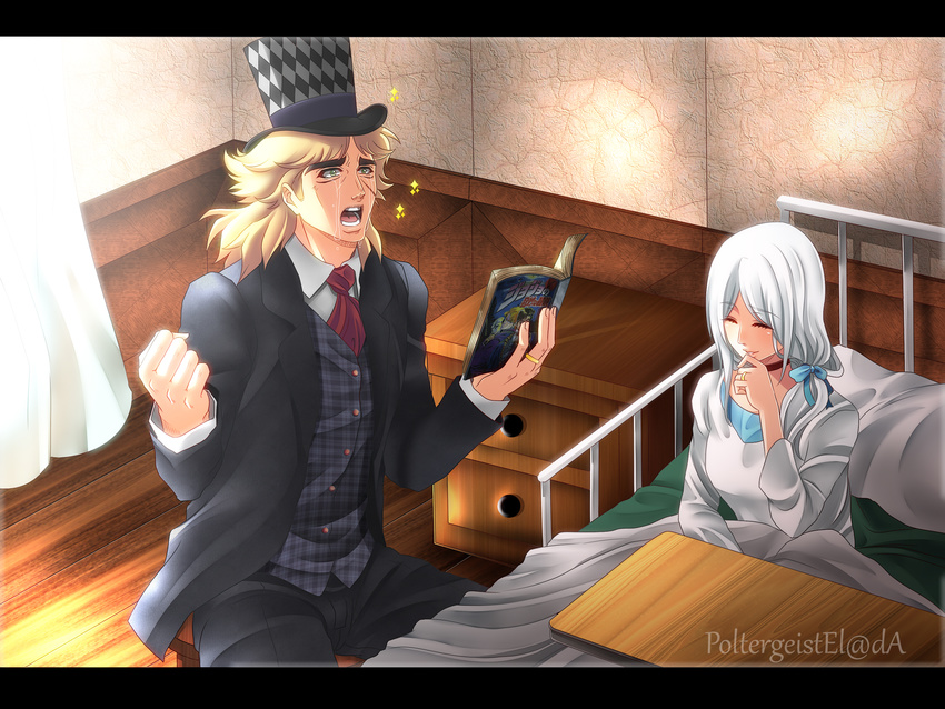 1girl artist_name blanket blonde_hair choker closed_eyes crying curtains drawer dress eyebrows formal hair_ribbon hat highres jewelry jojo_no_kimyou_na_bouken letterboxed long_hair manga_(object) necktie original plaid plaid_vest poltergeist-el ribbon ring robert_eo_speedwagon scar streaming_tears suit table tears thick_eyebrows top_hat under_covers vest white_dress white_hair