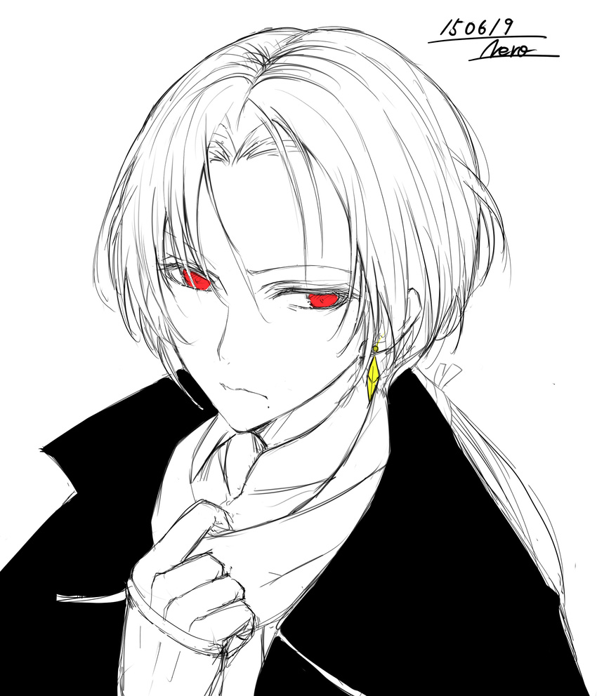 absurdres adjusting_clothes adjusting_scarf artist_name collarbone diamond_(shape) earrings highres jewelry kashuu_kiyomitsu kuronuko_neero male_focus mole mole_under_mouth red_eyes scarf simple_background solo spot_color touken_ranbu upper_body white_background