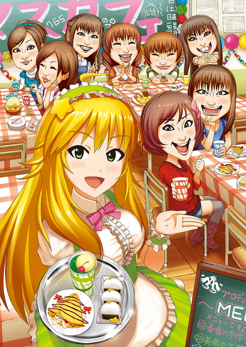 :d akizuki_ritsuko annotation_request balloon blonde_hair boots bow brown_eyes brown_hair buck_teeth cake caricature chair chalkboard character_request cherry closed_eyes commentary_request crepe drill_hair food fork fruit green_eyes grey_legwear grin hair_bow hair_ornament high_heel_boots high_heels highres hoshii_miki idolmaster idolmaster_(classic) kou_(ssdd) lips long_hair looking_at_viewer maid_headdress mole multiple_girls nonowa onigiri open_mouth partially_translated plate ponytail sandwich short_hair smile star star_hair_ornament table thighhighs thumbs_up translation_request tray twin_drills waitress
