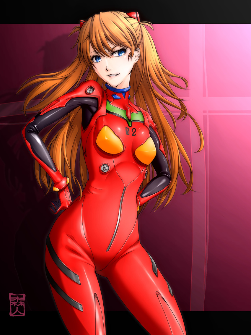 bangs blue_eyes bodysuit bracer breasts contrapposto cowboy_shot gloves gradient gradient_background grin hair_between_eyes hair_ornament hands_on_hips highres hitomori letterboxed long_hair looking_at_viewer neon_genesis_evangelion number orange_hair parted_lips pilot_suit plugsuit purple_background shadow signature small_breasts smile smug solo souryuu_asuka_langley standing turtleneck