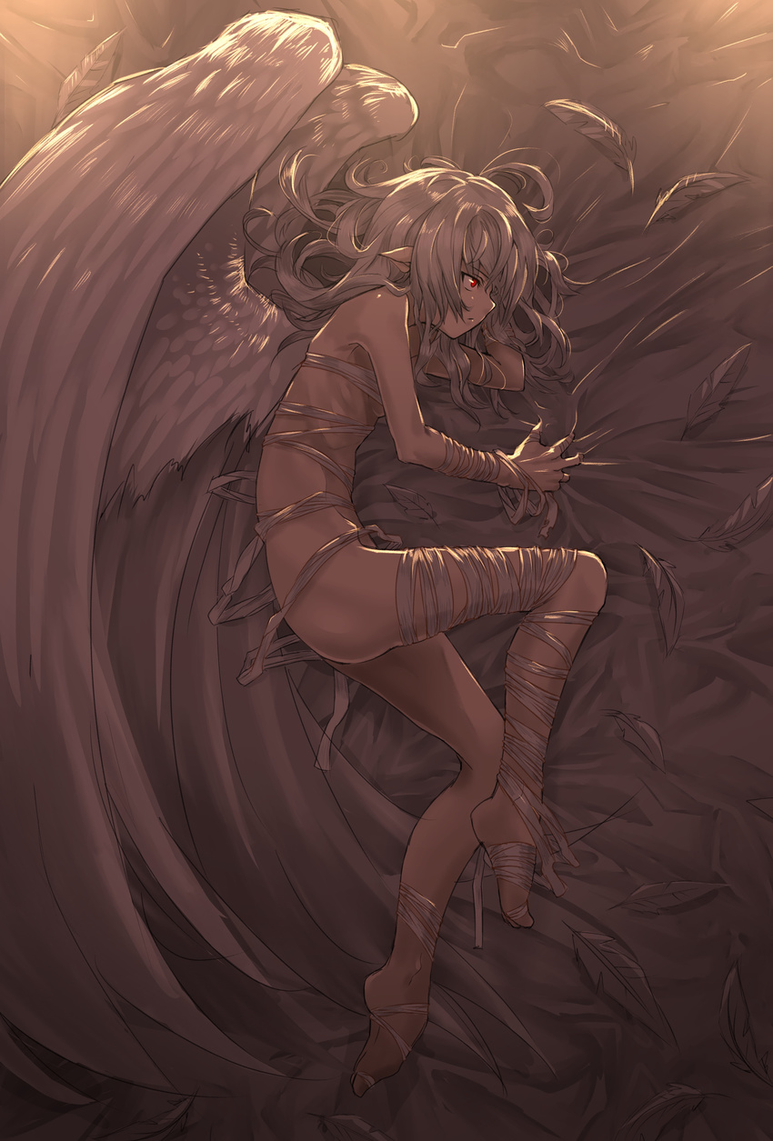 absurdres albino angel angel_wings arm_pillow bandaged_arm bandaged_leg bandages bed_sheet breasts deluxe&lt;&lt;&lt; feathered_wings feathers highres long_hair lying naked_bandage no_shoes on_side original pointy_ears red_eyes ribs small_breasts solo white_hair white_wings wings