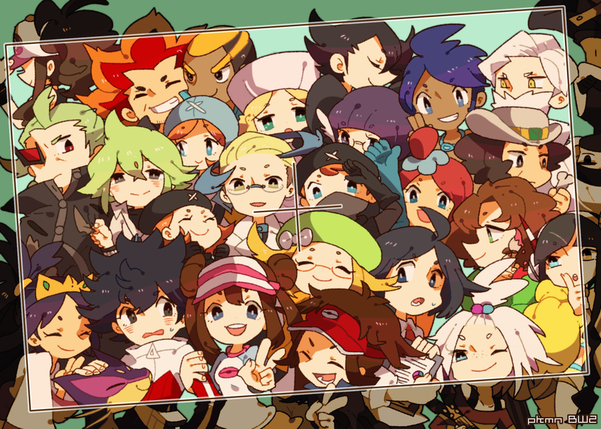 6+girls adeku_(pokemon) akuroma_(pokemon) arty_(pokemon) baseball_cap bel_(pokemon) blush cattleya_(pokemon) cheren_(pokemon) chibi copyright_name cowboy_hat crown dark_trinity elite_four fuuro_(pokemon) geechisu_(pokemon) giima_(pokemon) grin hat highres homika_(pokemon) hue_(pokemon) iris_(pokemon) kamikaze0211 kamitsure_(pokemon) kyouhei_(pokemon) looking_at_viewer mei_(pokemon) multiple_boys multiple_girls n_(pokemon) photo_(object) pokemon pokemon_(game) pokemon_bw pokemon_bw2 renbu_(pokemon) shaga_(pokemon) shikimi_(pokemon) shizui_(pokemon) smile team_plasma team_plasma_grunt touko_(pokemon) v visor_cap yacon_(pokemon)