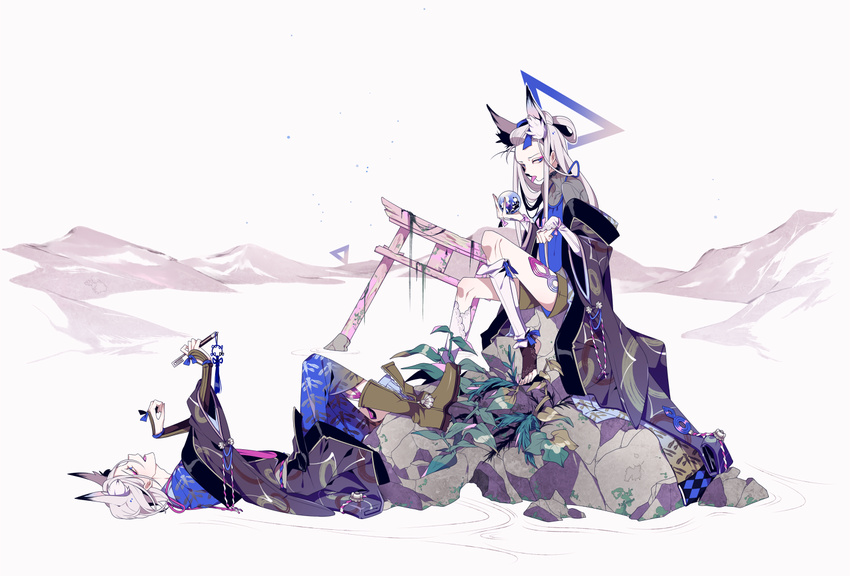 androgynous animal_ears barefoot blue_eyes boots crystal_ball fox_ears hair_rings half_updo japanese_clothes lying multiple_girls on_back original rock ruins shikimi_(yurakuru) shorts sitting toeless_legwear tongue torii water white_hair