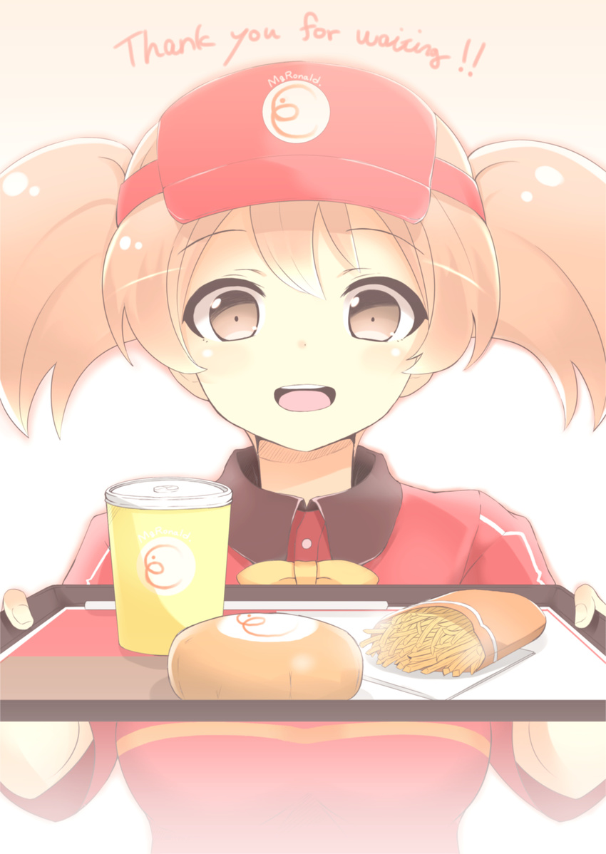 :d breasts brown_eyes brown_hair employee_uniform fast_food_uniform fuu_(fuore) hataraku_maou-sama! highres large_breasts open_mouth sasaki_chiho short_hair short_twintails smile solo tray twintails uniform visor_cap