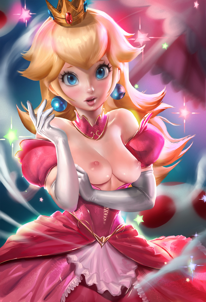 areolae bare_shoulders blonde_hair blue_eyes blurry breasts breasts_outside choker crown depth_of_field dress earrings elbow_gloves female gloves gradient gradient_background jewelry long_hair looking_at_viewer mario_(series) nintendo nipple nipples pink_dress princess_peach sakimichan smile solo sparkle stars strapless_dress super_mario_bros. umbrella upper_body