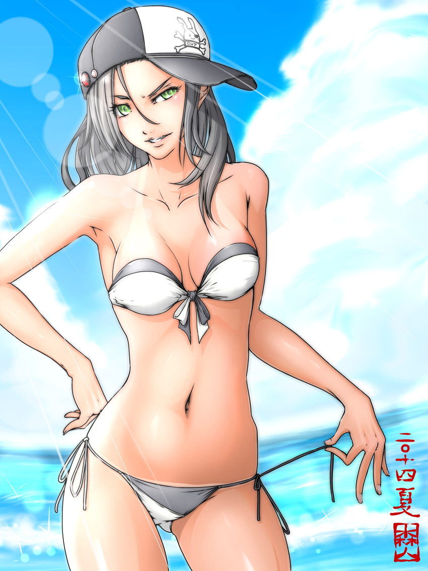 baseball_cap bikini bikini_tan breasts cloud contrapposto cowboy_shot day front-tie_top green_eyes grey_hair hand_on_hip hat highres hitomori lens_flare light_rays medium_breasts original parted_lips side-tie_bikini sideways_hat sky smug solo standing swimsuit tan tanline untying water