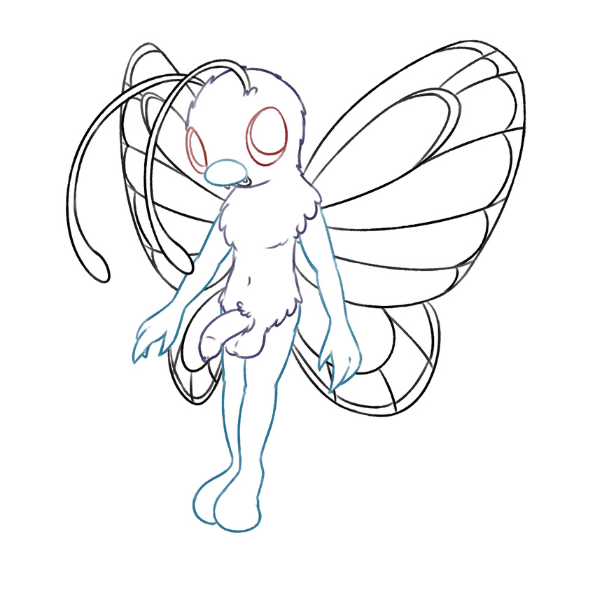antennae anthro arthropod balls butterfree insect looking_at_viewer male nintendo nude open_mouth penis pok&eacute;mon posexe red_eyes simple_background smile solo video_games white_background wings