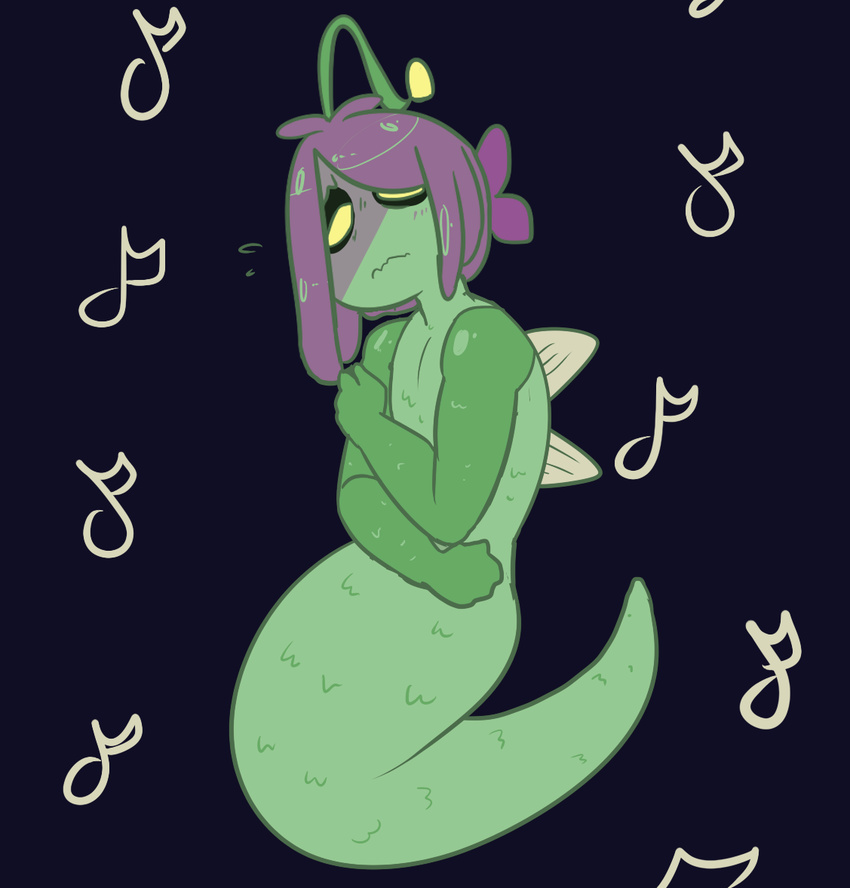 cakesart female fish hair hair_over_eye marine musical_note purple_hair shy shyren siren solo undertale yellow_eyes