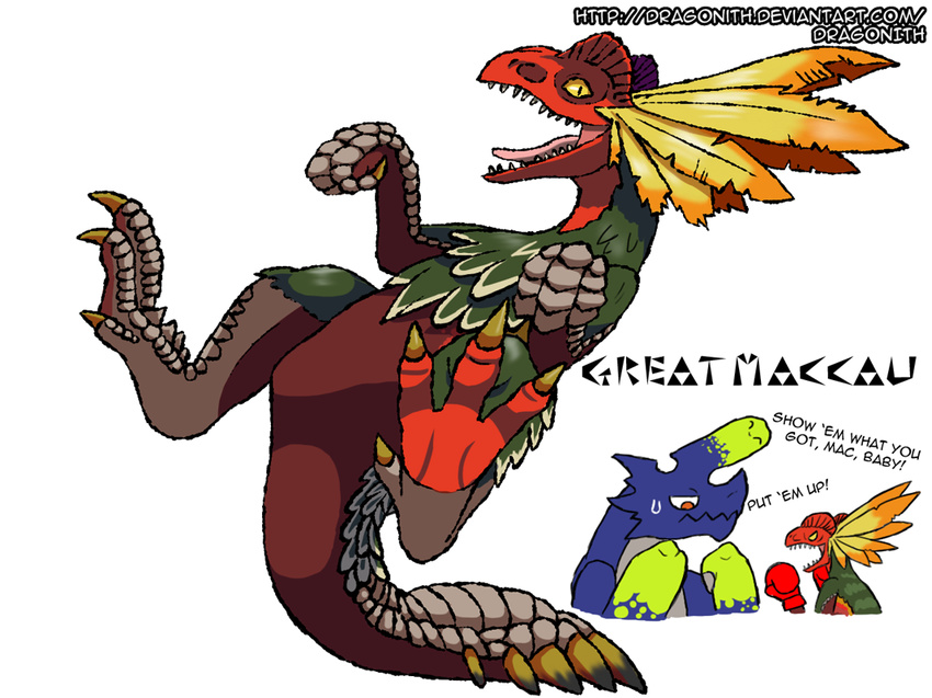 2015 ambiguous_gender bird_wyvern boxing_gloves brachydios brute_wyvern capcom claws crest dialogue dragonith duo feathers feral fist great_maccau humor monster_hunter scalie smile spread_legs spreading sweat sweatdrop tail_stand teeth toe_claws video_games