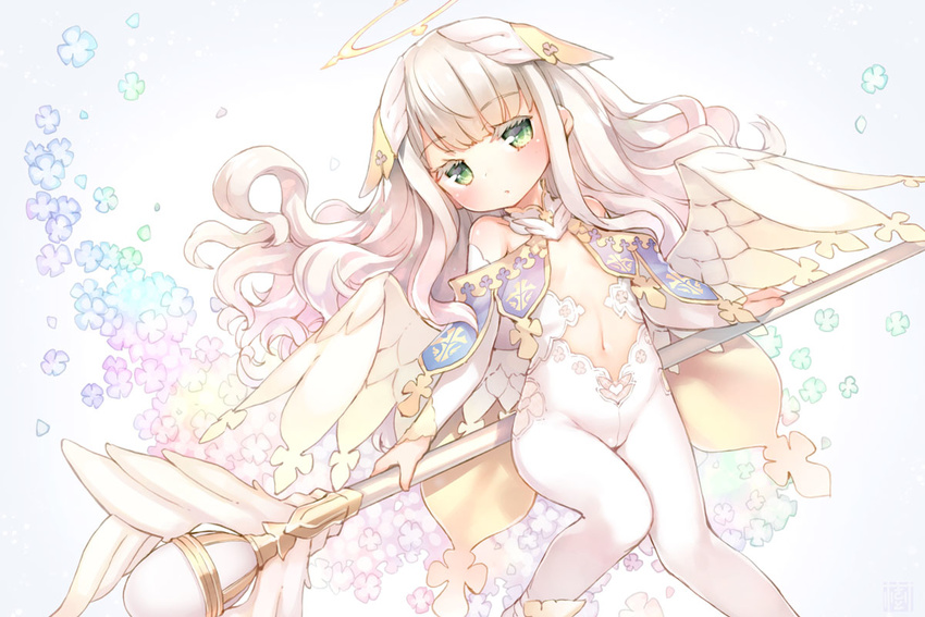 angel angel_wings bare_shoulders blush breasts bridal_gauntlets detached_collar green_eyes halo head_wings kito_(sorahate) long_hair looking_at_viewer navel original pantyhose silver_hair small_breasts solo staff white_legwear white_wings wings