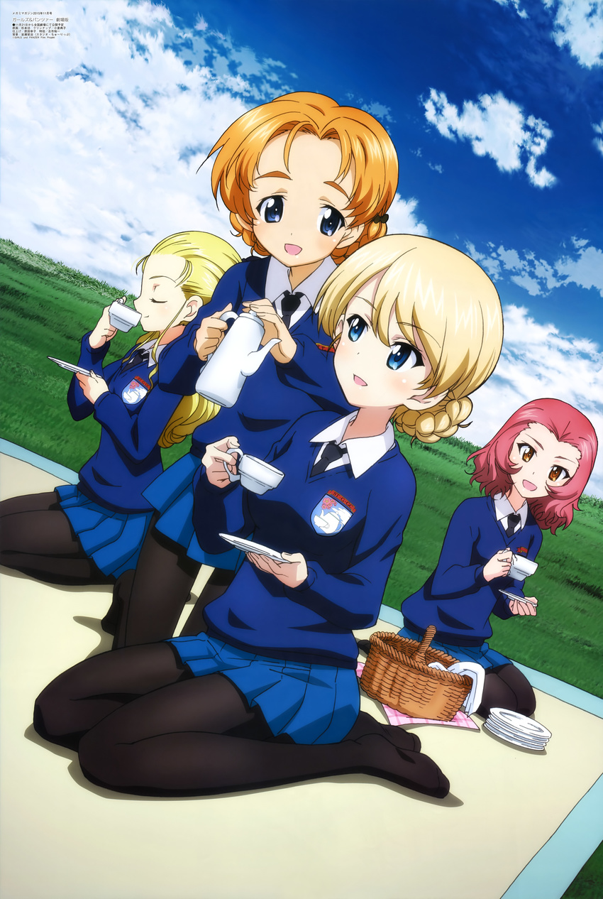 :d absurdres assam basket black_legwear black_neckwear blanket blonde_hair blue_eyes blue_skirt blue_sweater blush bow braid brown_eyes closed_eyes cloud cloudy_sky collared_shirt cup darjeeling day dress_shirt drinking emblem girls_und_panzer grass hair_bow highres holding kneeling long_hair megami miniskirt multiple_girls necktie no_shoes official_art open_mouth orange_hair orange_pekoe outdoors pantyhose picnic picnic_basket pleated_skirt red_hair rosehip saucer school_uniform seiza shirt short_hair sitting skirt sky smile st._gloriana's_school_uniform sugimoto_isao sweater sweatshirt tea teacup teapot v-neck white_shirt