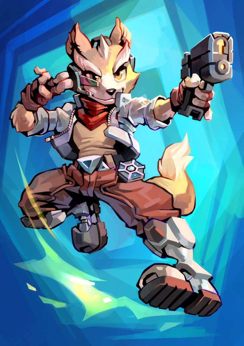 2018 5_fingers absurd_res ansyp anthro belt black_nose boots canine clothed clothing dipstick_tail fingerless_gloves footwear fox fox_mccloud fur gloves gun handgun hi_res holding_object holding_weapon jacket male mammal multicolored_tail nintendo open_jacket ranged_weapon scarf smile solo star_fox video_games weapon white_fur yellow_fur
